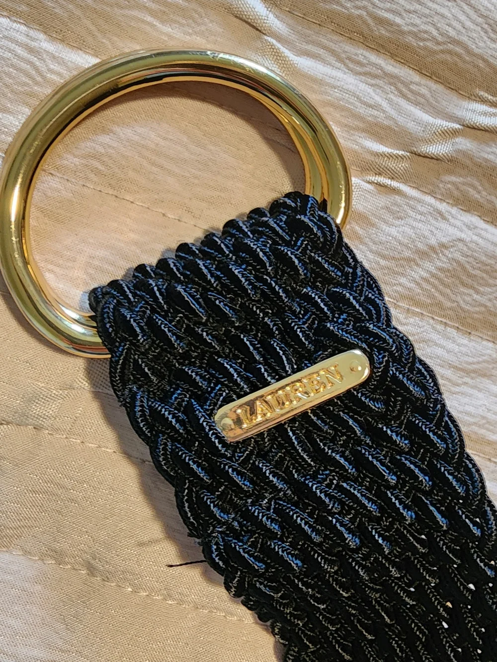 Ralph Lauren Black Woven Stretch Belt with Double O Gold Rings